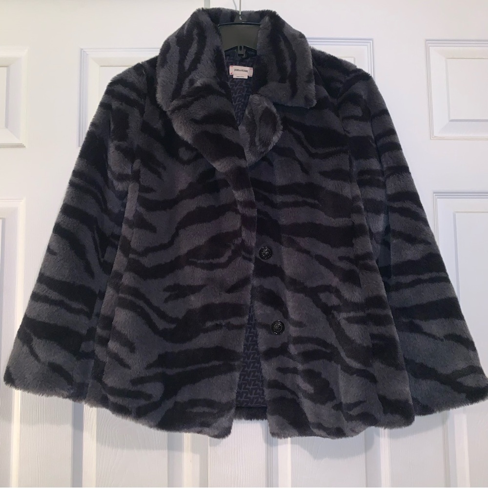 Zadig&Voltaire Leopard Print Womens Plush Jacket Fera Tiger Small Grey Navy Blue